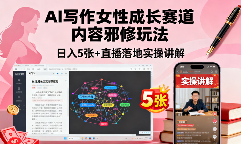 AI写作女性成长赛道内容邪修玩法，日入5张+直播落地实操讲解