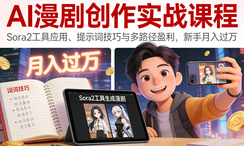 AI漫剧创作实战课程：Sora2工具应用、提示词技巧与多路径盈利，新手月入过万