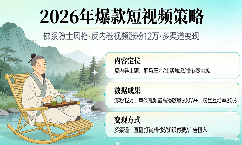 【免费分享】2026年爆款短视频策略：佛系隐士风格，反内卷视频涨粉12万，多渠道变现