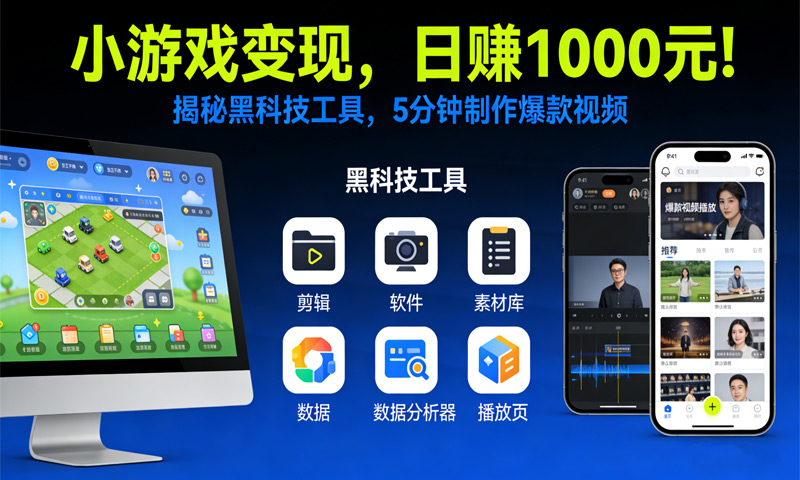 小游戏变现，日赚1000元！揭秘黑科技工具，5分钟制作爆款视频
