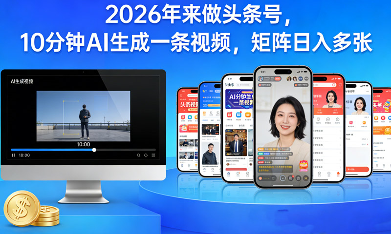 2026年来做头条号，10分钟AI生成一条视频，矩阵日入多张