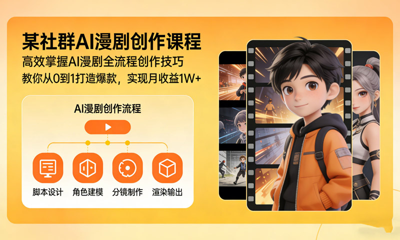 某社群AI漫剧创作课程，高效掌握AI漫剧全流程创作技巧，教你从0到1打造爆款，实现月收益1W+
